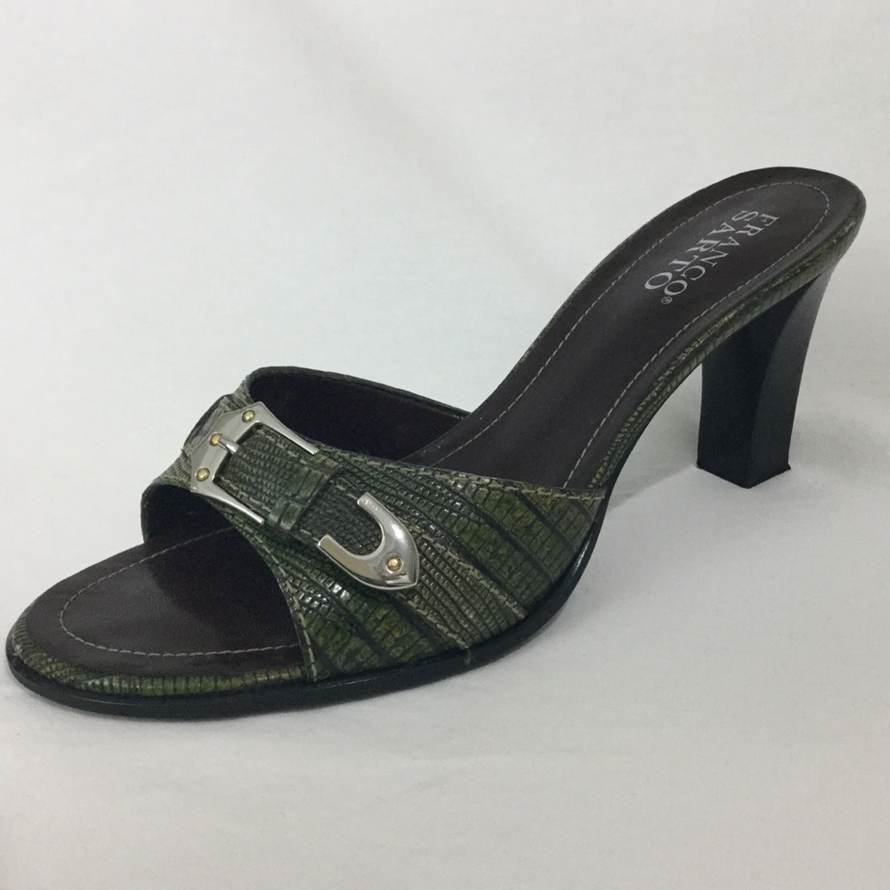 Franco Sarto Dk Grn Leather Slip on Open Toe Heel